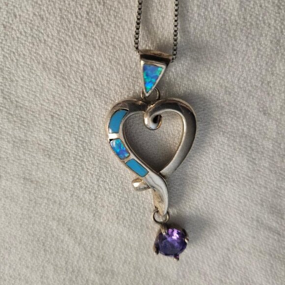 Opal doublet Amethyst drop Sterling Necklace On Sterling Chain - Picture 3 of 6